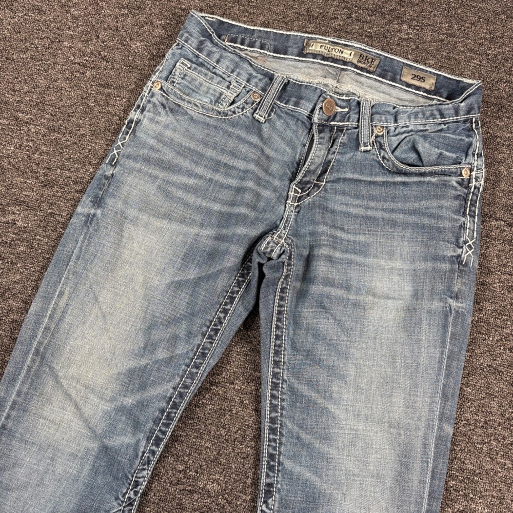 BKE Fulton Jeans Mens 29S Blue Straight Leg Contrast Stitch Whiskered Denim